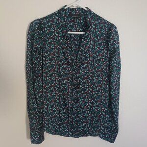 WHITE HOUSE BLACK MARKET WOMEN'S TOP AQUA SPLOTH LONG SLEEVE COVERED BUTTONS 6